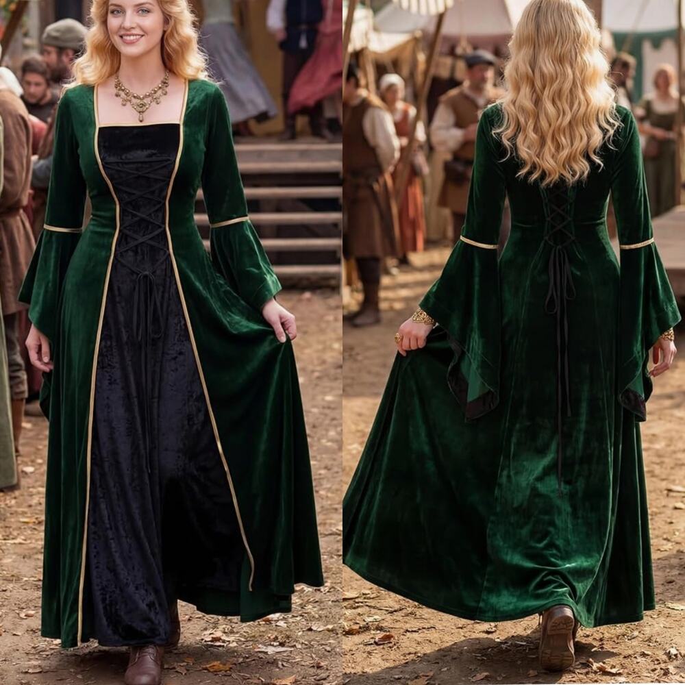 Frawirshau Renaissance Renfaire Velvet Medieval Dress Bell Sleeve LARGE - Hemmed